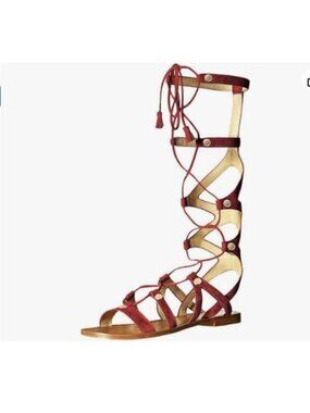 YDN Women Knee High Lace up Flats Fringe Low Heel Gladiator Strap Sandals Red